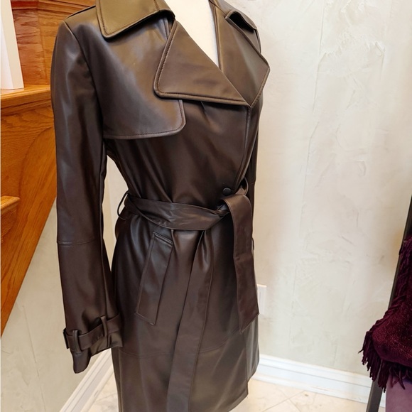 Tahari Dark Brown Faux Leather Trench Coat Never Worn - Picture 5 of 6